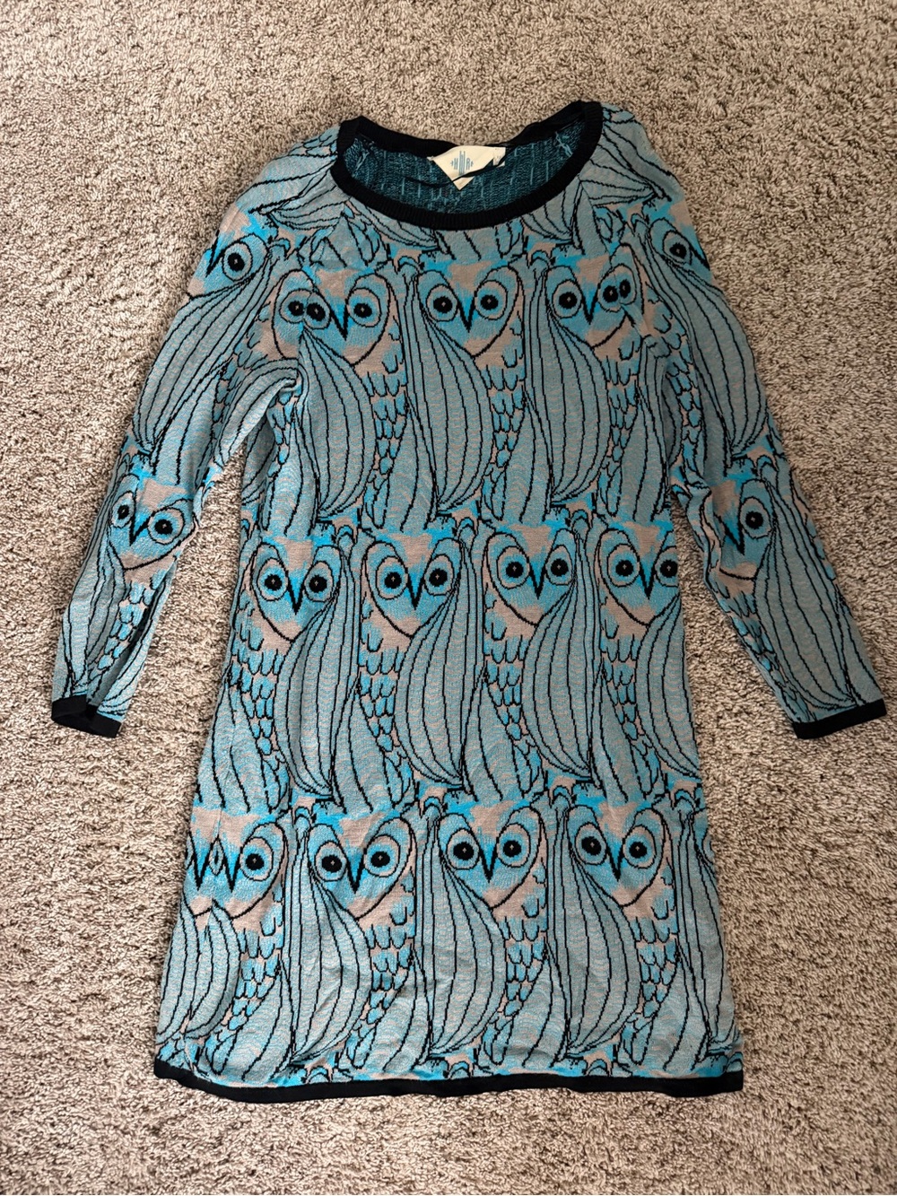 Blue Owl Print Long-Sleeve Dress